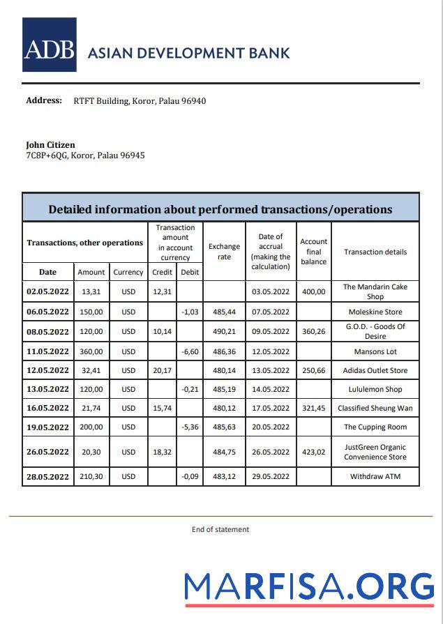 Realistic Palau ADB bank statement word sample